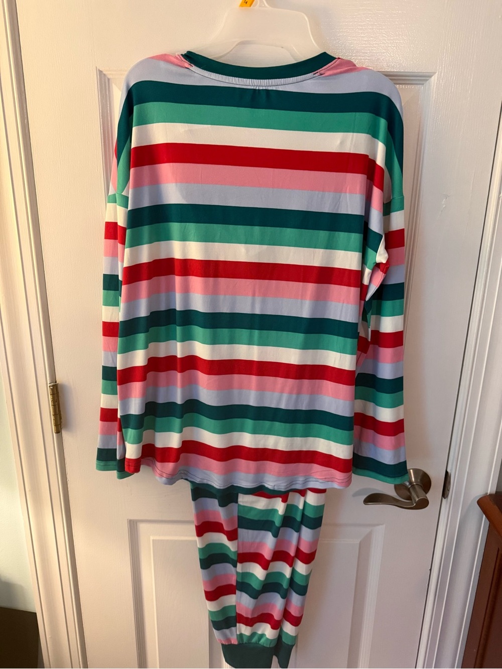 Women’s Striped Long-Sleeve Pajama Set - Green, Red, Pink - Picture 2 of 5